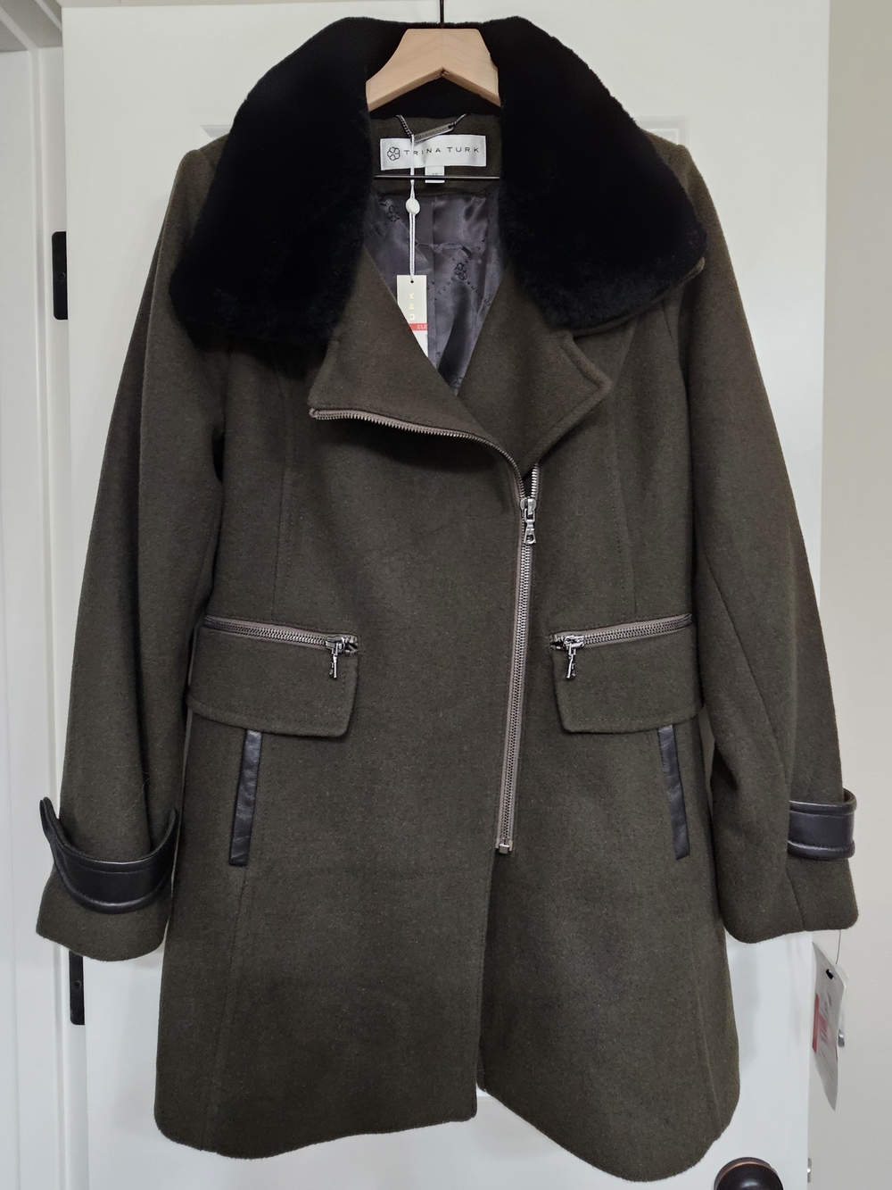 NWT Trina Turk Olive Green Wool Pea Coat with Black Shearling Trim Collar